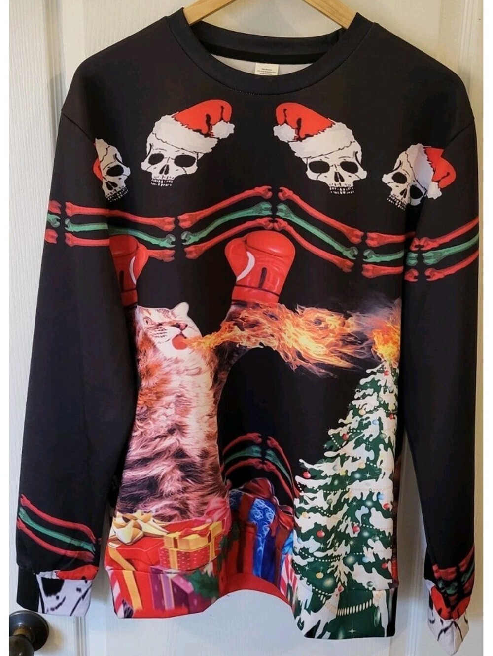 Funny Cat Boxing Fire-Breathing Christmas Sweater Ugly Xmas Unisex Pullover - Picture 2 of 9